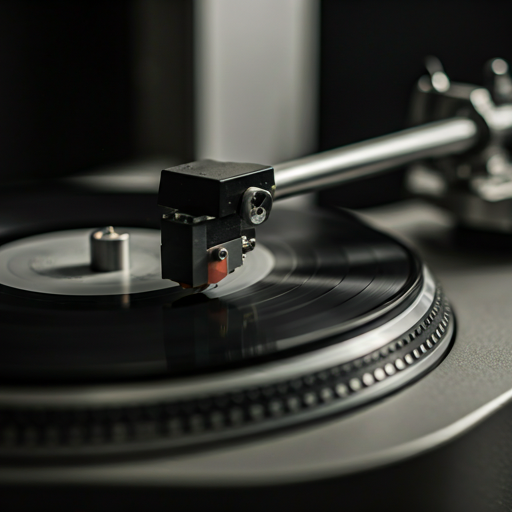 Minimalist monochrome close-up of a high-end vinyl record lathe cutting groove into a black master disk