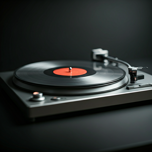 Clear transparent vinyl record on a minimalist metal turntable platter with soft moody lighting