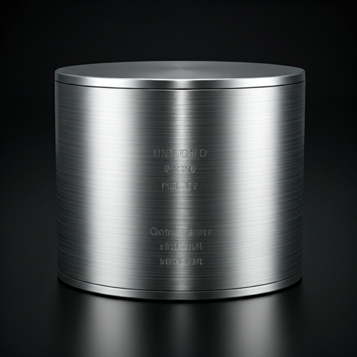 Brushed steel container for high-end audio components with engraved technical specification text