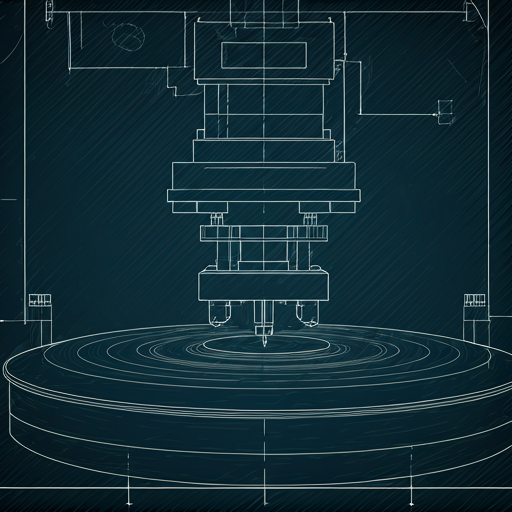 Close up of a technical drawing of a vinyl pressing machine with white lines on a dark background