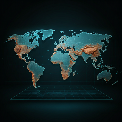 minimalistic dark stylized digital world map with glowing grid lines and topographical contours